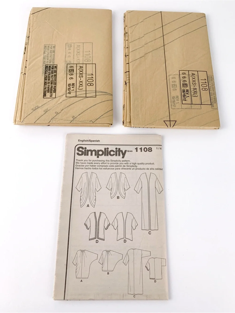 Uncut Simplicity 1108 sewing pattern for misses' kimono & cardigan sizes XXS-XXL